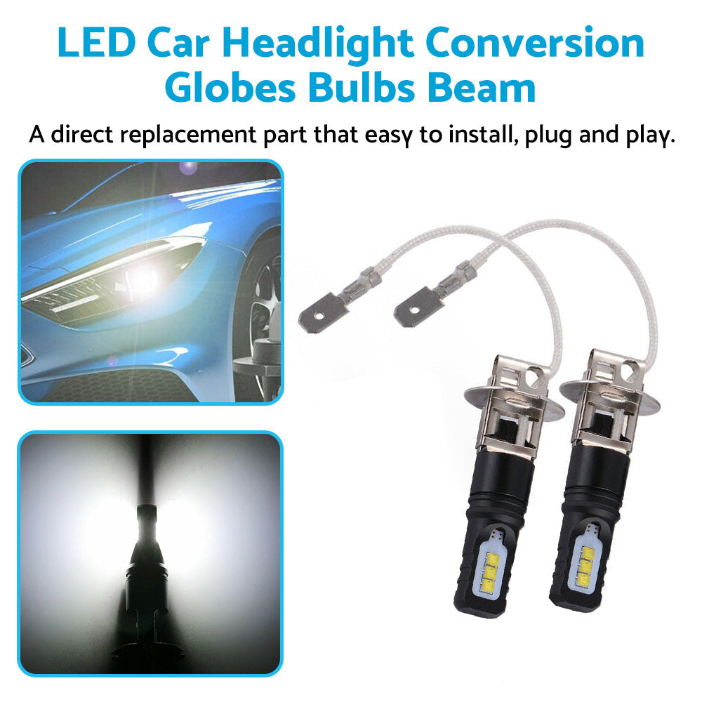 2x H3 80W 6000LM LED Headlight Bulbs White 6500K Suitable For Car Use