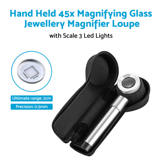 Hand Held 45x Magnifying Glass Jewellery Magnifier Loupe with Scale 3 Led Lights