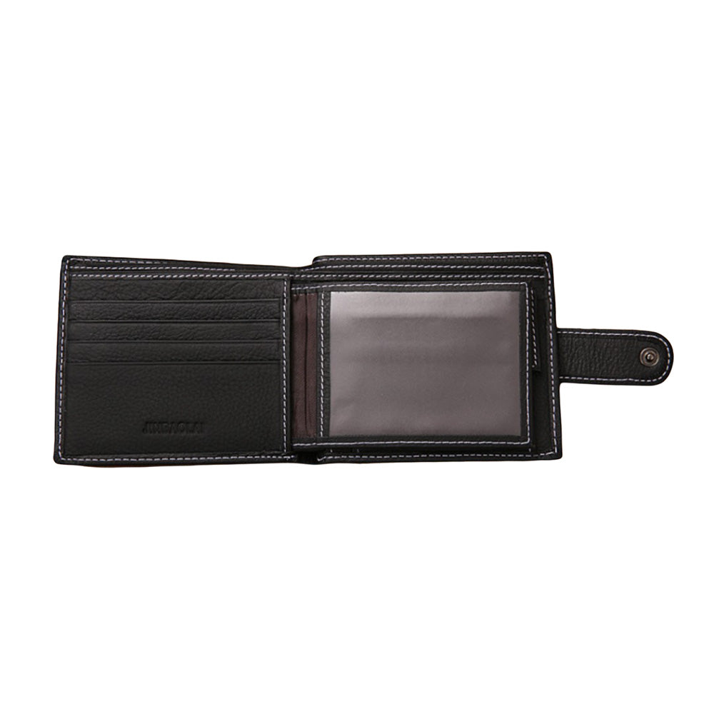 Men's Bi-Fold Wallet Black Top Layer Cowhide Leather With Card Slots & Coin Pocket