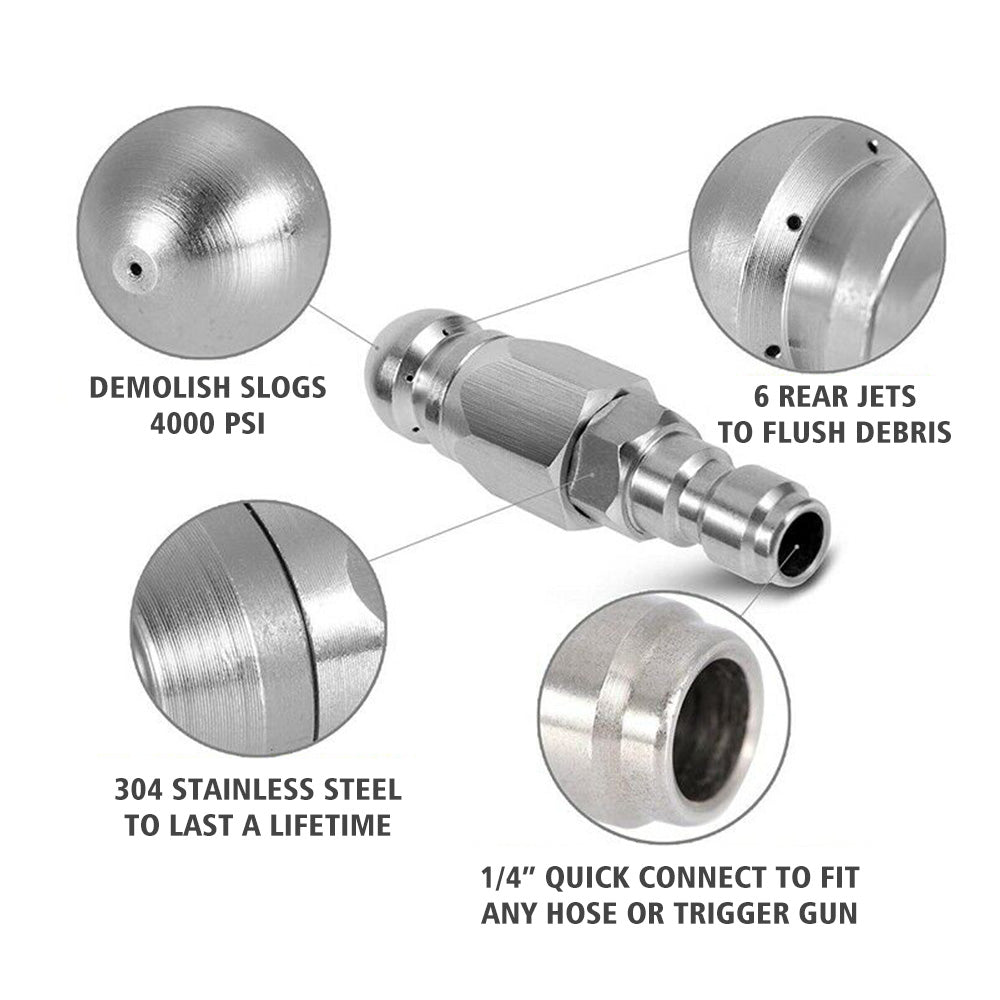 Stainless Steel Sewer Jetter Nozzle For Pressure Washer Suitable For 1" or 4" Drain Connection
