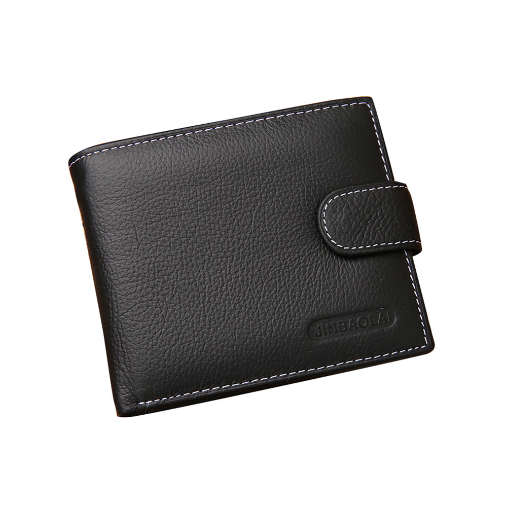 Men's Bi-Fold Wallet Black Top Layer Cowhide Leather With Card Slots & Coin Pocket