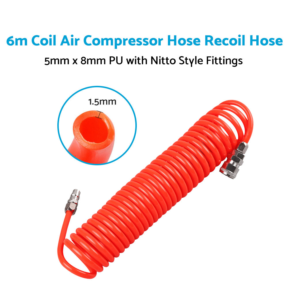 6m Coil Air Compressor Hose Recoil Hose 5mm x 8mm PU with Nitto Style Fittings