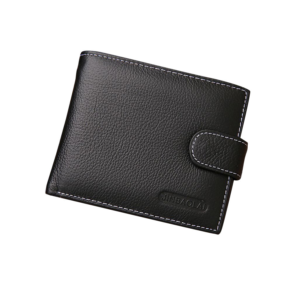 Men's Bi-Fold Wallet Black Top Layer Cowhide Leather With Card Slots & Coin Pocket