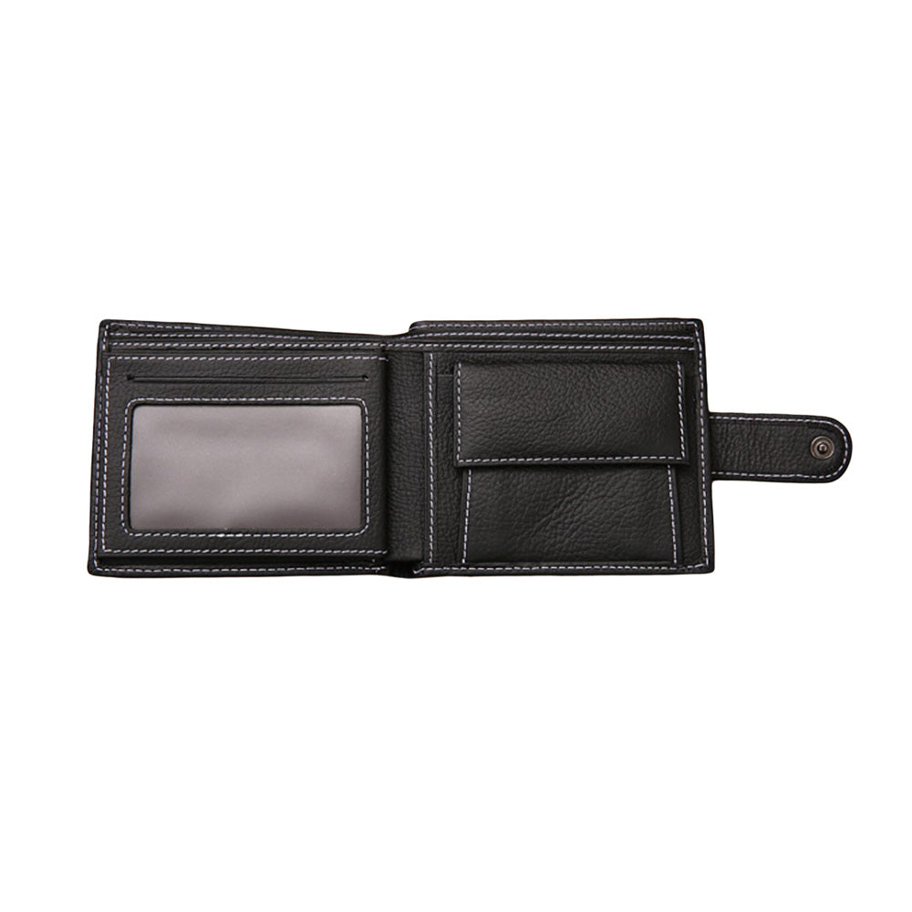 Men's Bi-Fold Wallet Black Top Layer Cowhide Leather With Card Slots & Coin Pocket