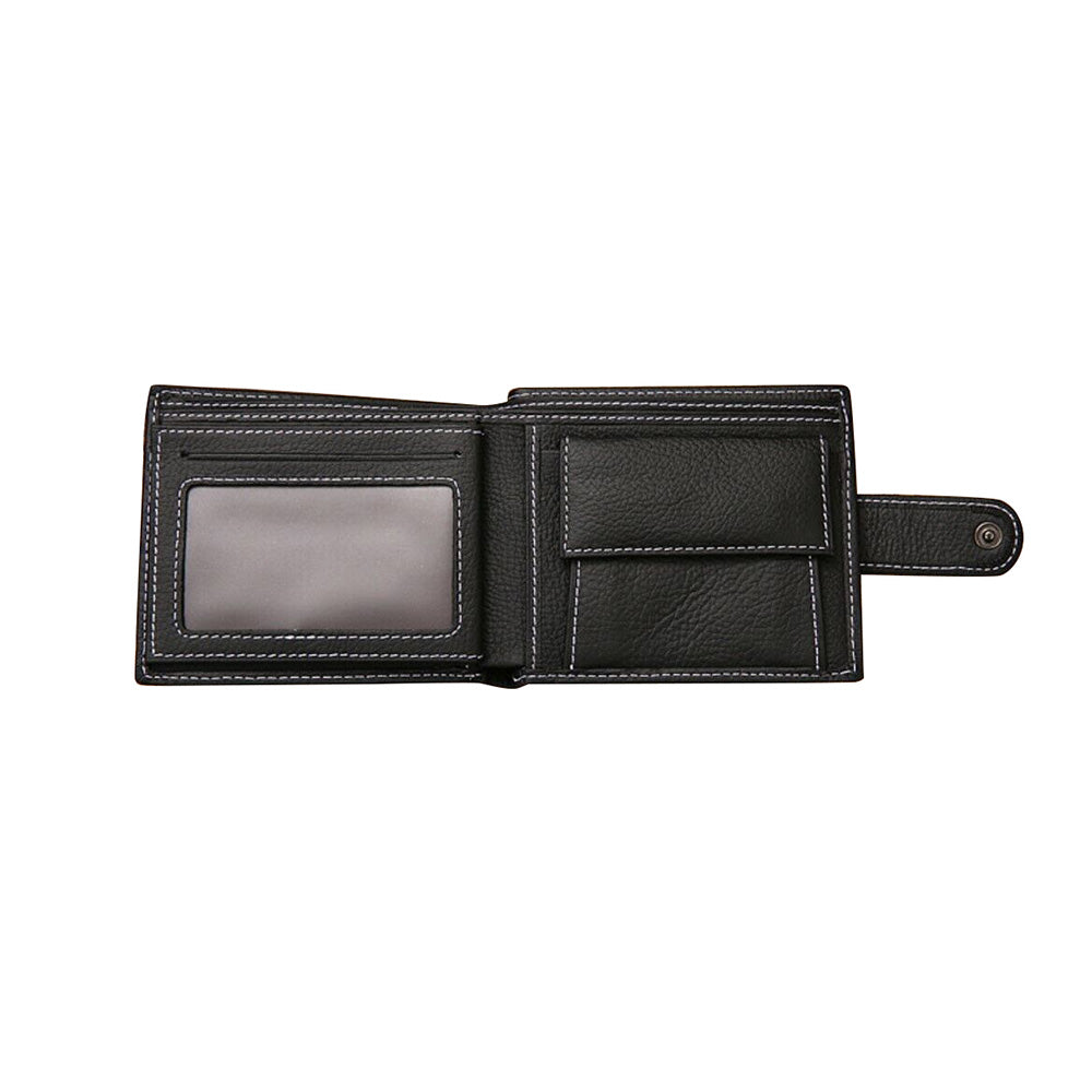 Men's Bi-Fold Wallet Black Top Layer Cowhide Leather With Card Slots & Coin Pocket