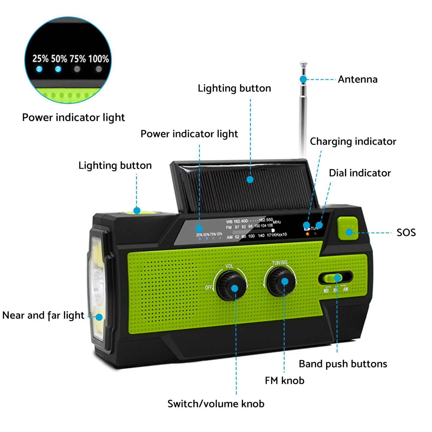 4000mAh Emergency Solar Hand Crank Weather Radio Power Bank Charger Flashlight