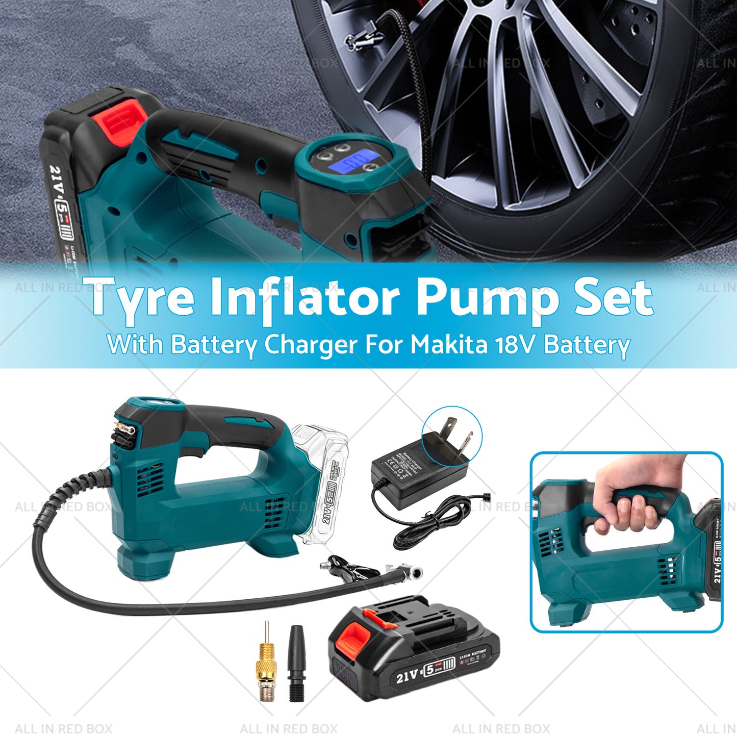 {{ Cordless Portable Tyre Inflator Pump w/ Battery Charger For Makita 18V Battery }} - Buy Car Parts Online at {{ Kaka Auto Parts }}.