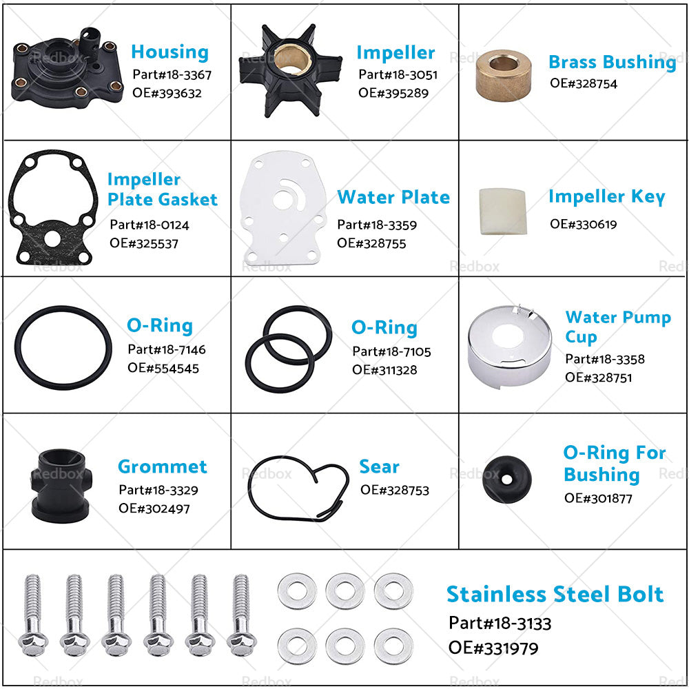 {{ Water Pump Impeller Kit For 20hp 25hp 30hp 35hp Johnson Evinrude outboard 393630 }} - Buy Car Parts Online at {{ Kaka Auto Parts }}.