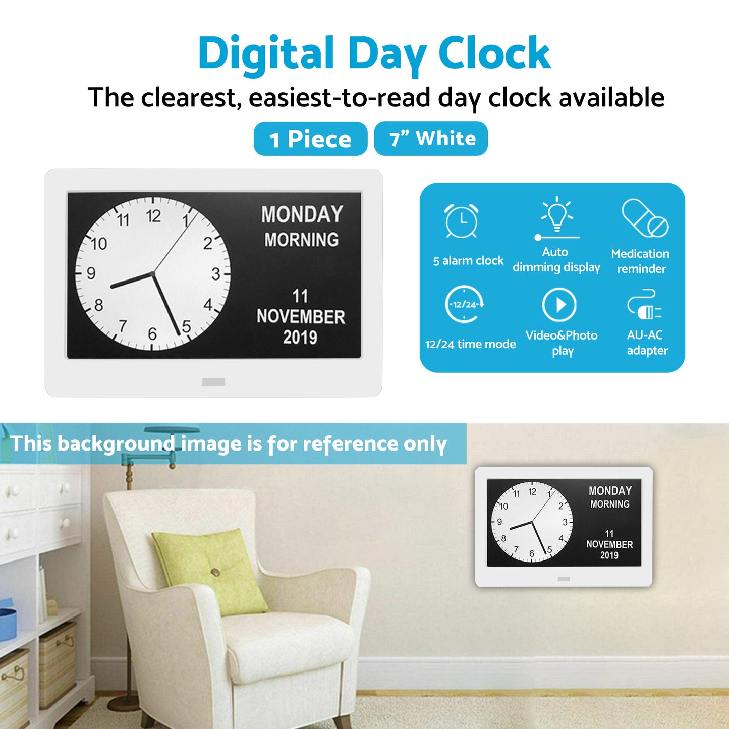 7 inch  LED Large Digital Day Clock Calendar Dementia Date Week Month Year Time Wall