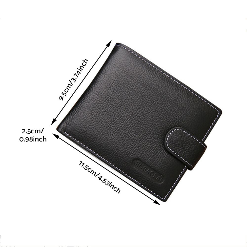 Men's Bi-Fold Wallet Black Top Layer Cowhide Leather With Card Slots & Coin Pocket