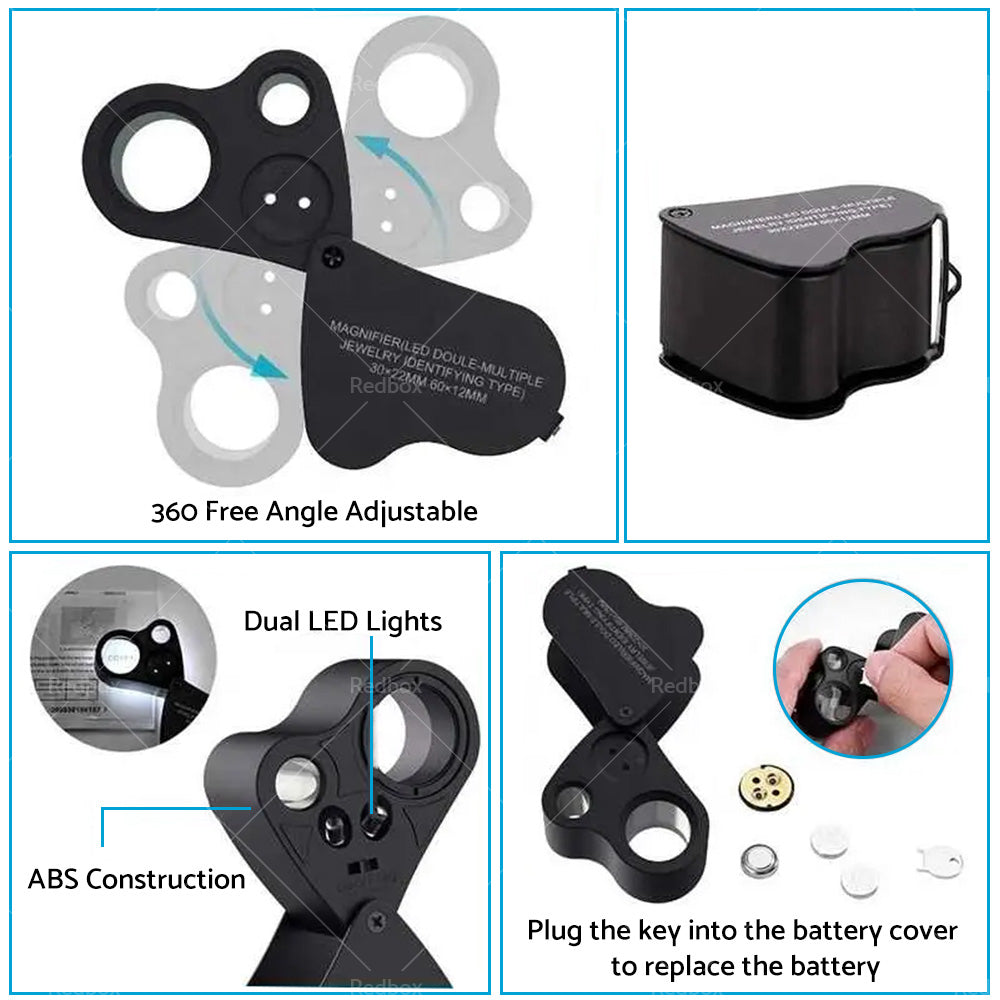 {{ 60X 30X Pocket Jewellers Eye Loupe Magnifier Jewelry Magnifying Glass LED Light }} - Buy Car Parts Online at {{ Kaka Auto Parts }}.