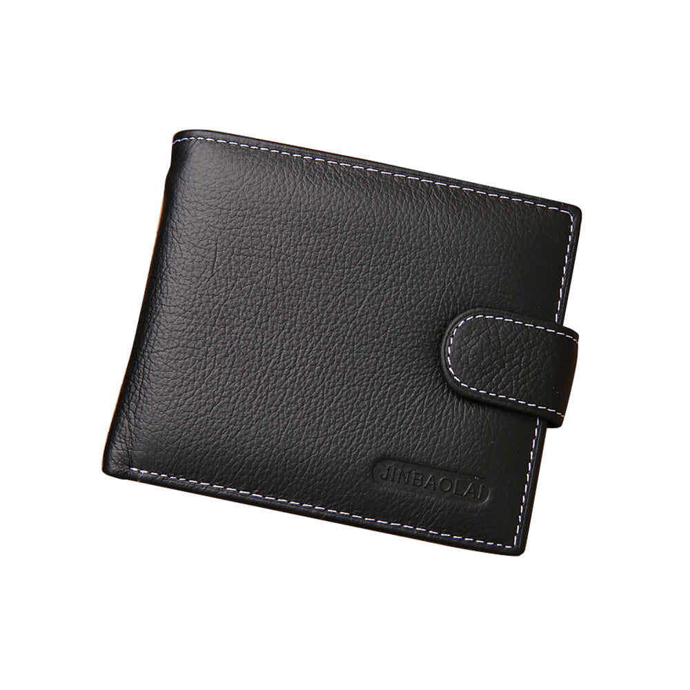 Men's Bi-Fold Wallet Black Top Layer Cowhide Leather With Card Slots & Coin Pocket