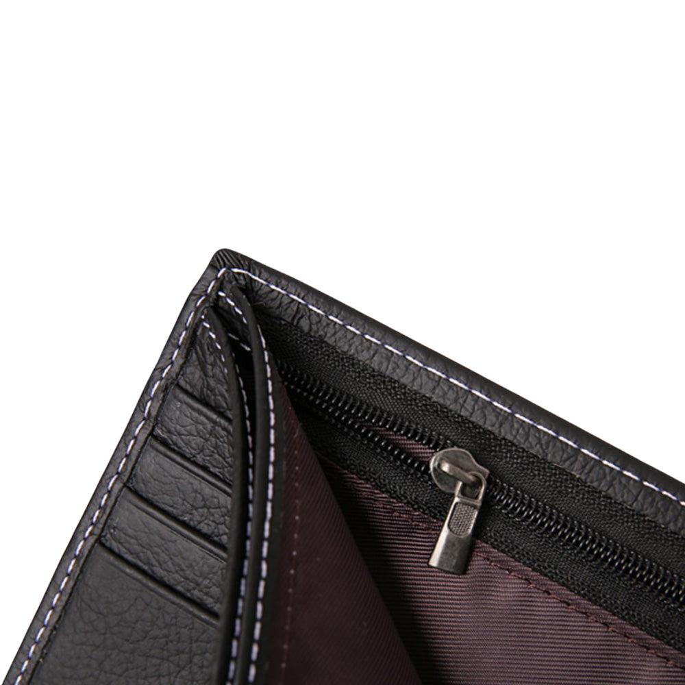 Men's Bi-Fold Wallet Black Top Layer Cowhide Leather With Card Slots & Coin Pocket