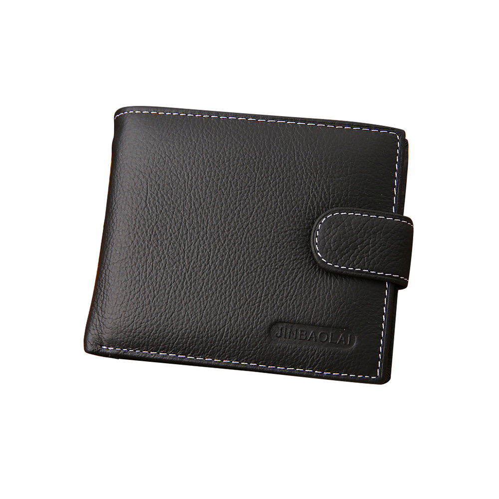 Men's Bi-Fold Wallet Black Top Layer Cowhide Leather With Card Slots & Coin Pocket
